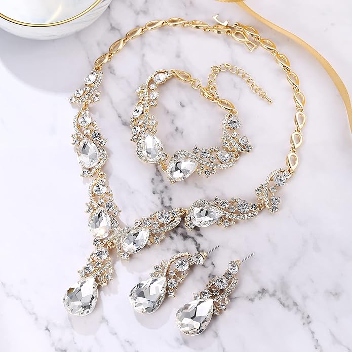 BriLove Wedding Bridal Jewelry for Women Multi Teardrop Cluster Crystal Statement Necklace Dangle Earrings Link Bracelet Set