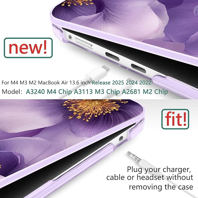 TWOLSKOO Compatible with M4 MacBook Air 13.6 inch Case 2025-2022 Release M4 A3240 M3 A3113 M2 A2681, Plastic Hard Shell & Keyboard Cover & Type C Adapter & Screen Protector, Purple Flowers
