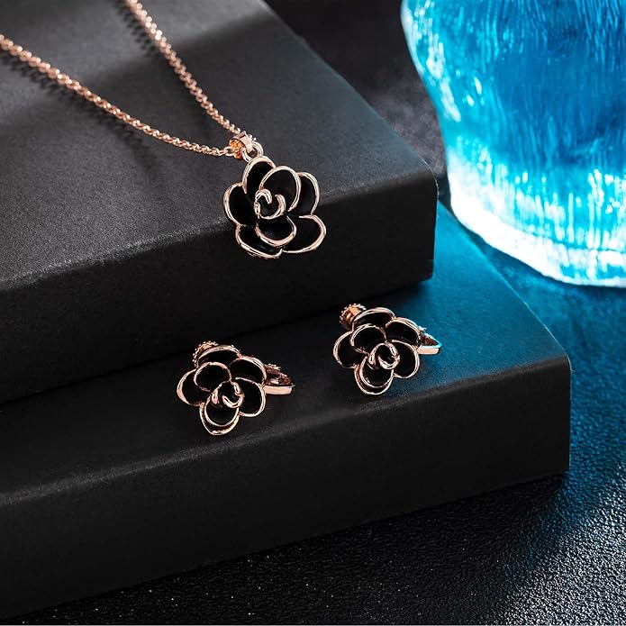 Dainty Rose Flower Pendant Necklace Clip On Earrings Set for Women 14K Gold Plated Hypoallergenic Jewelry Sets