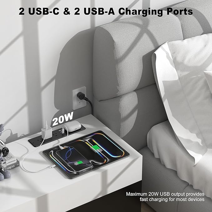 8 in 1 Recessed Power Strip with 15W Wireless Charger, 20W Fast Charging Furniture Outlet, Plug in 3 AC Outlets & 4 USB Ports Flush Mount, 10FT Cord
