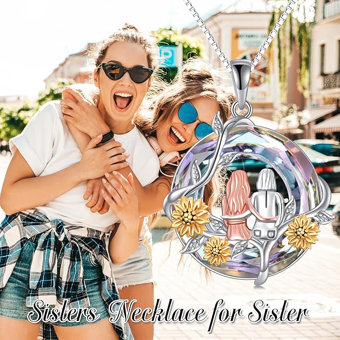 TOUPOP Sisters Gifts from Sister Necklace Sterling Silver Rose Flower with Crystal Jewelry Valentines Day Birthday Gifts for Women Best Friend Friendship