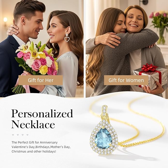 Valentine's Day Gift for Wife/Her-18K Gold Plated Teardrop Birthstone Necklace- with Light-Up Gift Box,Jewelry for Women,Anniversary Birthday Gifts for Women Her Wife Girlfriend Mom,Womens Jewelry