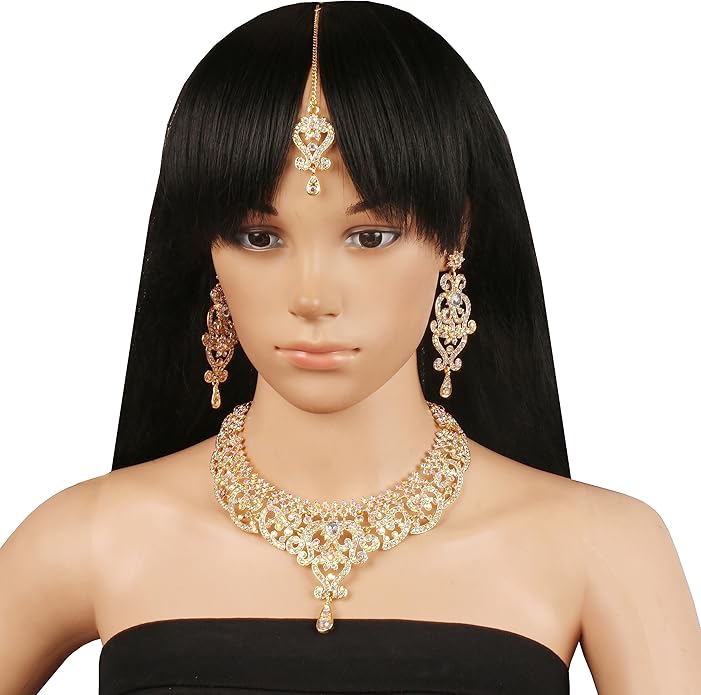 Touchstone Indian jewelry set for women bollywood gold jewellery wedding outfits necklace sets earrings bridal maang tikka fancy costume girls big desi accessories rhinestone in gold or silver tone