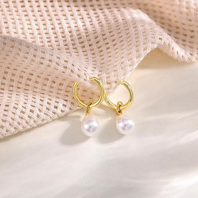 Gold Pearl Dangle Earrings for Women, 14K Gold Plated Small Pearl Drop Huggie Hoop Earrings, Hypoallergenic Dainty Gold Earrings Wedding Jewelry Gifts for Women Trendy
