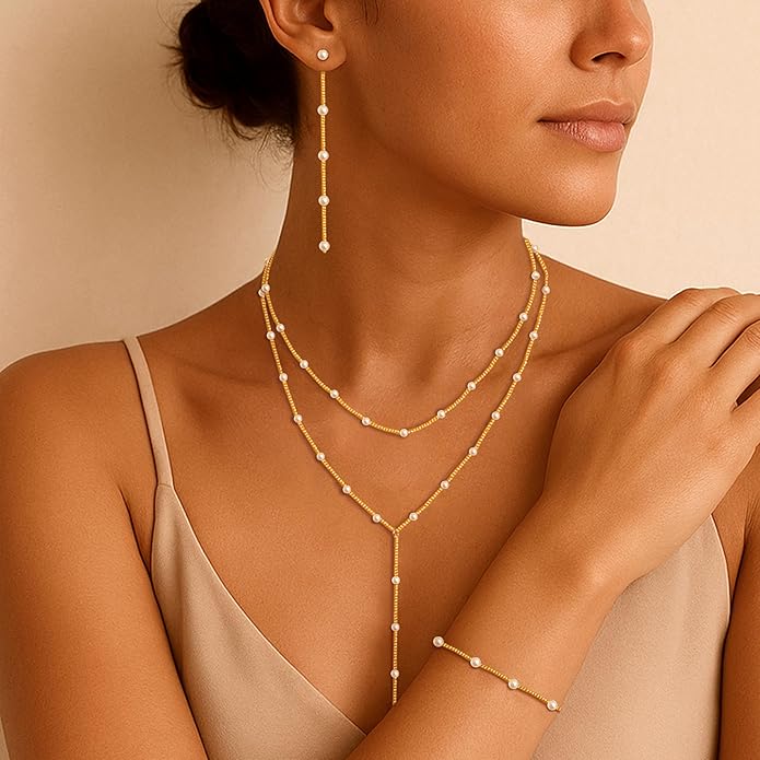 Zeffy Gold Pearl Necklace for Women, Dainty 14K Gold/Silve Plated Layered Pearl Choker Pearl Earrings Pearl Bracelets Wedding Trendy Gold Jewelry Set for Women Gifts