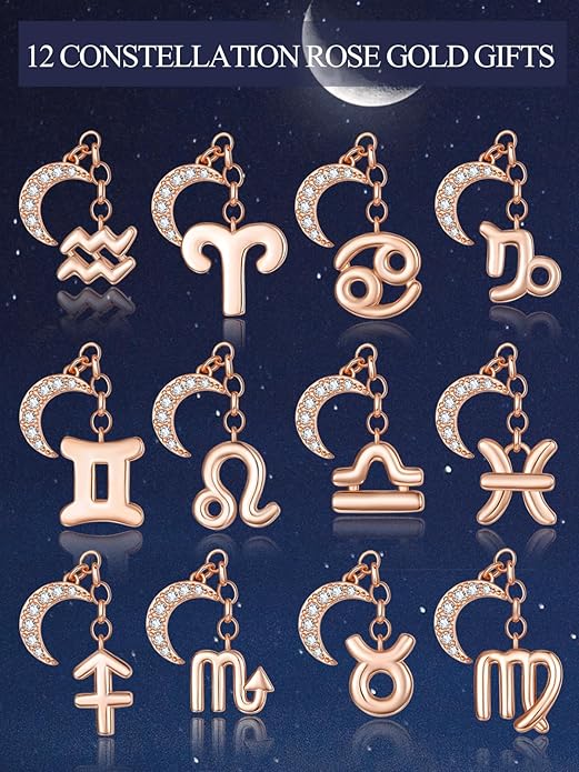 14K Gold/Rose Gold Zodiac Necklace for Women - Horoscope Constellation Pendant with Moon and Star, Luxury Birthday Gifts Jewelry for Her (12 Zodiac Signs)