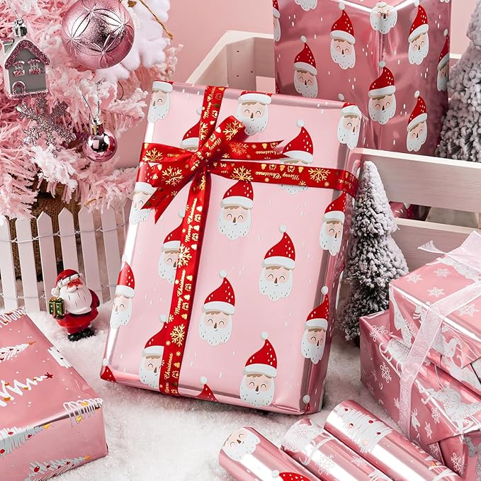 MAYPLUSS Pink Christmas Wrapping Paper - 17In x 120In Per Roll - Girly Festive Metallic Foil Trees, Cute Santa, Winter Sled Design Christmas Girls Pink Gift Wrap Paper for Winter Holiday, Birthday