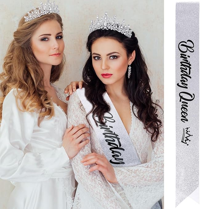 VELSCRUN Silver Crystal Birthday Queen Tiara Crowns for Women Girls Birthday Queen Headband Sash Elegant Princess Crown with Combs Hair Accessories Happy Birth Party Decorations Mom