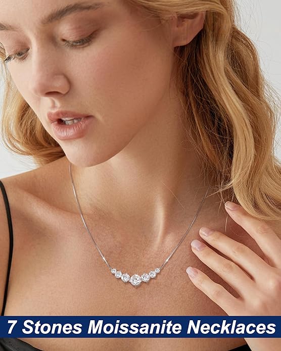 TUHE 7 Stones Moissanite Necklace for Women, 1.7-5.0 Carat Smile Moissanite Pendant Necklace 18k Gold Plated Sterling Silver 16.5+2.5 inch Box Chain Tennis Necklaces with Certificate of Authenticity