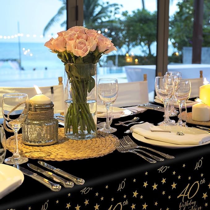 Gatherfun 40th Birthday Disposable Tablecloth 4 Pack Gold and Black Waterproof Plastic Table Cover for Men Woman 40 Birthday Party Decorations