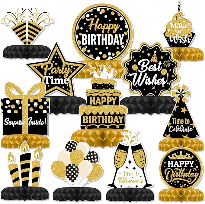 12 Pcs Birthday Table Decorations Glitter Black and Gold Birthday Decorations Honeycomb Centerpieces for Table Decor Girls Boys Women Men Party Supplies