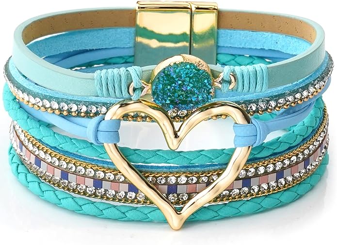 Suyi Multilayer Leather Wrap Bracelet Heart-Shape Wide Cuff Bracelets for Women