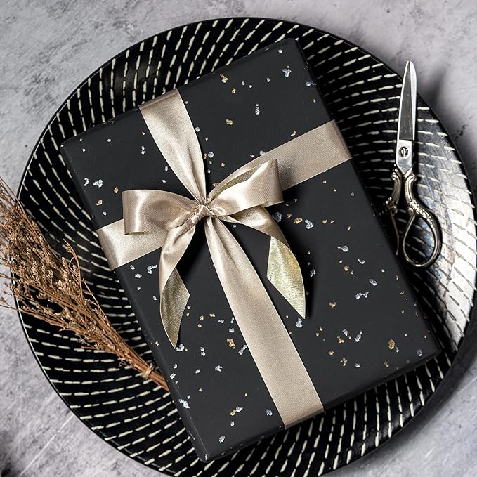 WRAPAHOLIC 30 Inch Jumbo Black Wrapping Paper Roll - 30 Inch x 16.5 Feet - Black Gold Design with Silky Touch Perfect for Birthday, Holiday, Wedding, Baby Shower