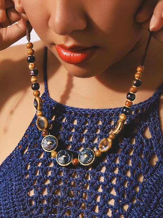 MINACHI Boho Hippie Round Ceramic Beads Strand Necklace, Vintage Bohemian Summer Beach Jewelry Gift for Women