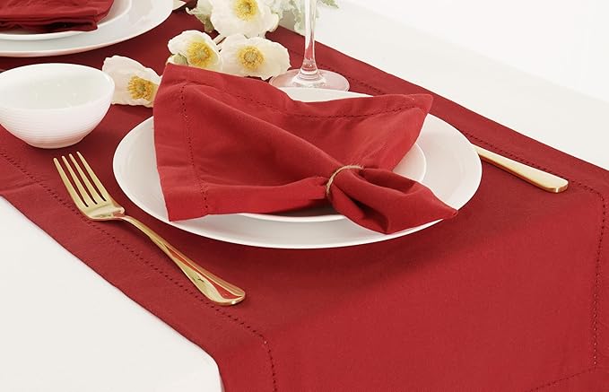 PurpleEssences Set of 12 Hemstitch Cloth Dinner Napkins 100% Cotton - Soft Durable Washable - Ideal for Wedding Fall Thanksgiving - Perfect Everyday Use Table Linen 18x18 - Red