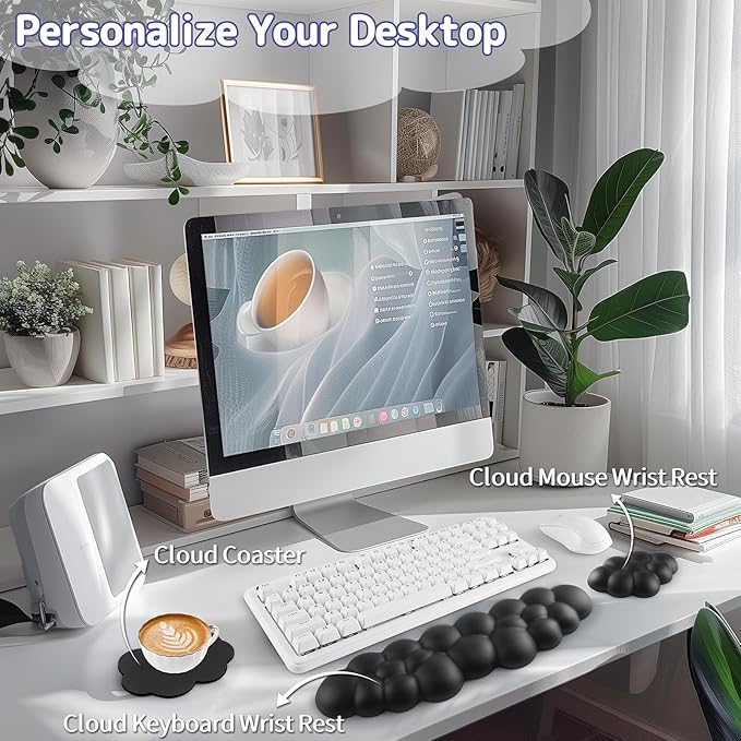 Cloud Wrist Rest Keyboard, Cloud Keyboard Wrist Pad Set with PU Leather Memory Foam, Cute Arm Rest for Palm Support, PC/Gaming Desk Accessories/Office Setup/Computer Hand Cushion - Black