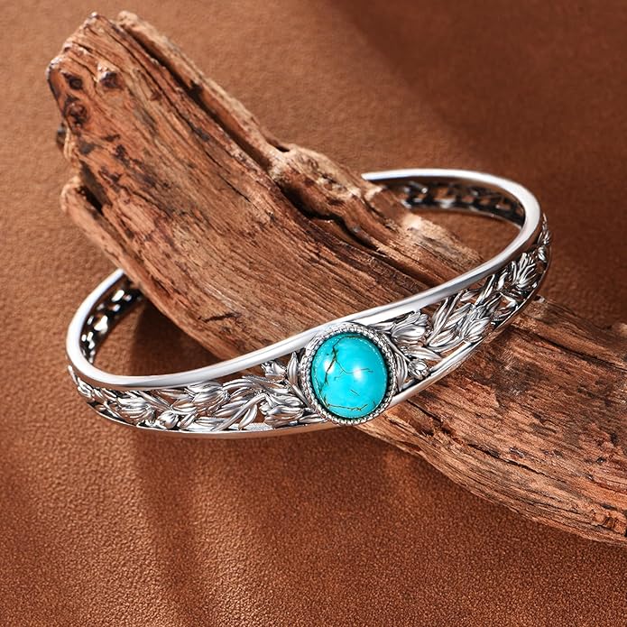 Genuine Turquoise Cuff Bracelet for Women, Sterling Silver Western Vintage Floral Bangle Native American Jewelry, For 6.5-7.5 Inch Wrists