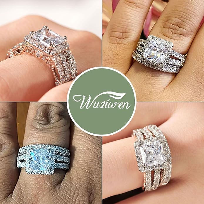 Wuziwen Princess Cut Engagement Rings for Women Sterling Silver Cubic Zirconia Wedding Bridal Ring Set