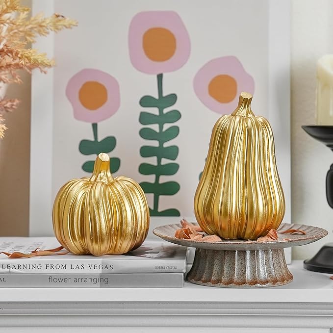 Gold Pumpkin Decor with Stripes, 2Pcs Resin Pumpkins for Decorating, Decorative Pumpkins for Fall Tabletop Decoration, Indoor Home, Autumn Kitchen, Thanksgiving Mantel Decor