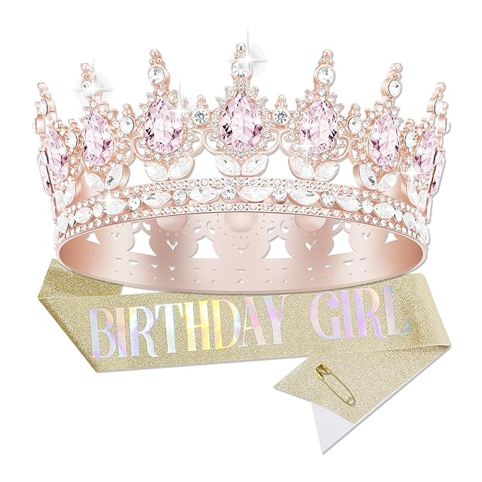 Queen Crown Birthday Crowns for Women, Birthday Girl Sash, Birthday Tiara for Women Set, Princess Rhinestone Birthday Girl Headband Birthday Gifts for Women, Sweet Happy Accessories