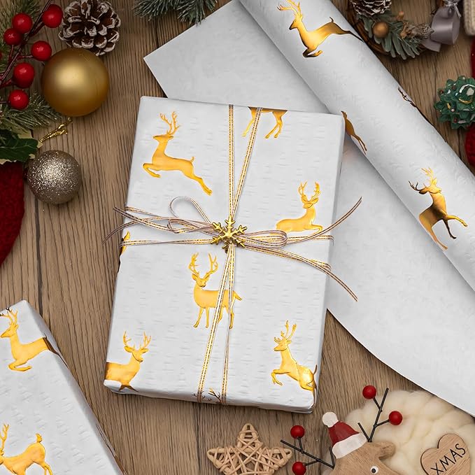 Garbendy Christmas Wrapping Paper Roll- 17 Inch X 32.8 Feet - Embossing 3D Christmas Trees Printed in White with Gold Foil Reindeer Design for Birthday, Wedding, Baby Shower, Bridal Shower, Party