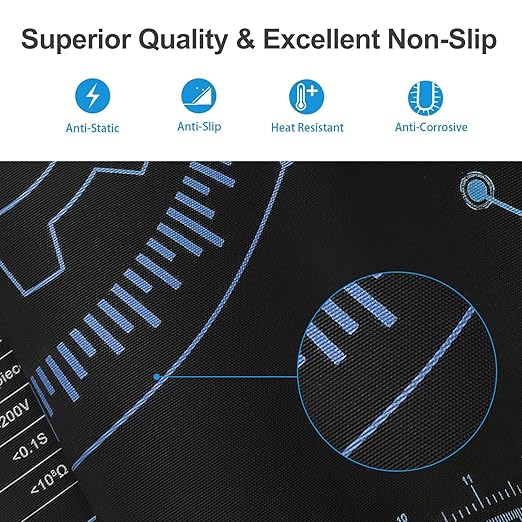 KooMall 24x16 Inch Anti Static Rubber Mat Kit for ESD Sensitive Electronic Device Repair, Soldering, PC Building, Assembly, Table Work, With Grounding Plug Cord, Antistatic Wrist Strap, Heat Resistant