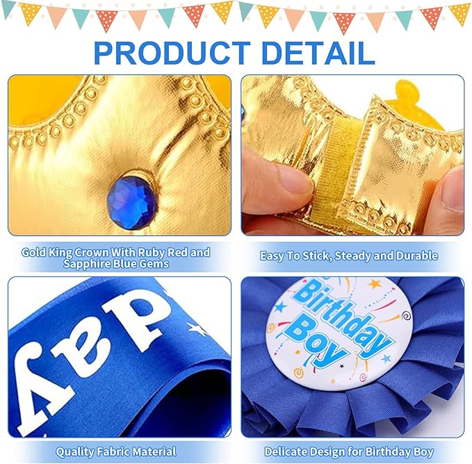 Birthday Boy Sash Hat Button Pin Accessory, Birthday King Crown Party Set, Photo Props for Boys' Theme Party Decoration