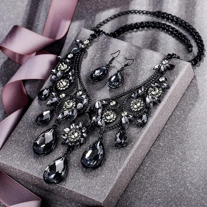 BriLove Women's Tribal Ethnic Crystal Chunky Statement Necklace Dangle Earrings Set