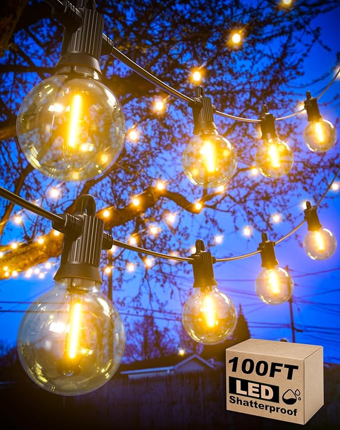 Outdoor String Lights Waterproof, 100FT LED Patio Lights with 53 Shatterproof G40 Globe Bulb(3 Spare), Connectable Dimmable Outside Hanging Lights for Backyard Porch Balcony Gazebo (2x50FT)
