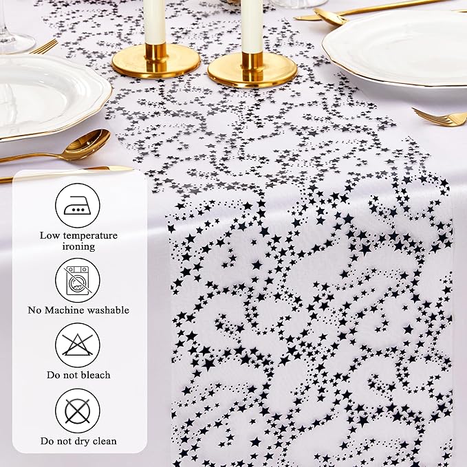 YATOJUZI Black Tulle Table Runner,16 Ft Star Sheer Chiffon Table Runner,Sequin Glitter Metallic Foil Black Table Decorations Centerpiece for Birthday Halloween Party