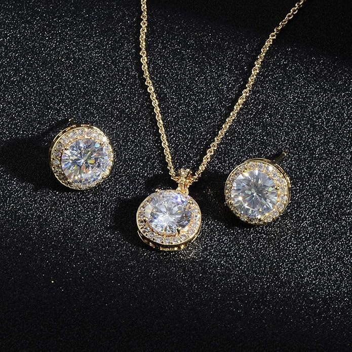 Bridal Crystal Jewelry Set - Sterling Silver Round Cubic Zirconia CZ Rhinestone Halo Birthstone Pendant Necklace Stud Earrings Set for Wedding Bride Bridesmaids Birthday Gift