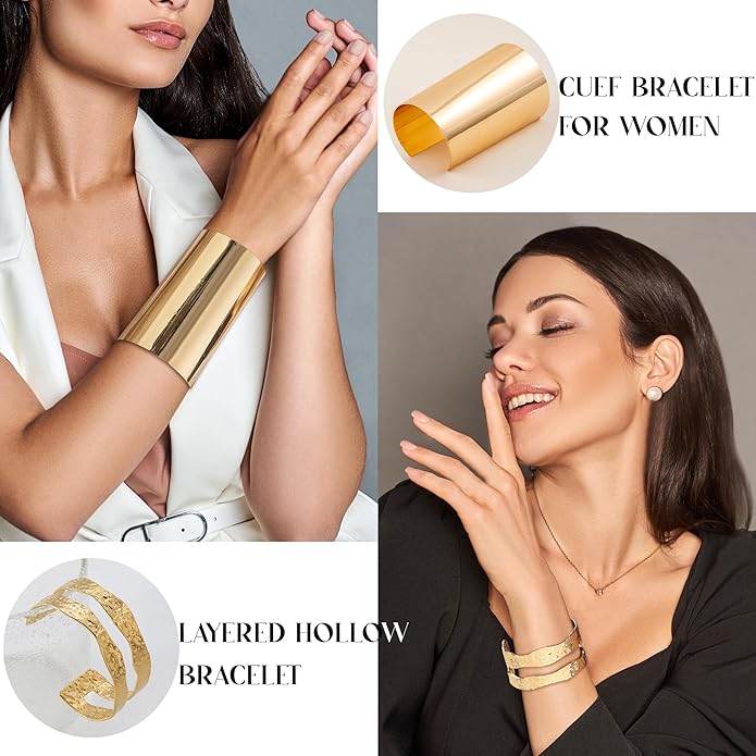 6 Pcs Chunky Golden Cuff Bracelets for Women Open Adjustable Arm Bracelet Golden Wrist Cuff Wrap Bracelet
