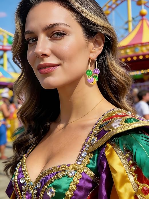 4 Pairs Mardi Gras Earrings Set Carnival Dangle Drop Earrings Purple Green Yellow Round Heart Beaded Party Festival Jewelry for Women
