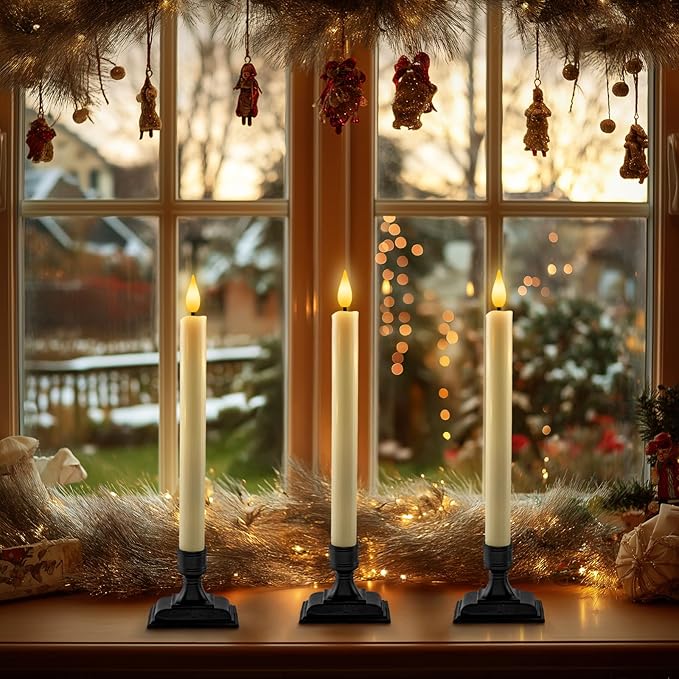 Homemory Real Wax Window Candles with Remote Timer Dimmer, Flameless Taper Candles with Holders, Christmas Candle for Window Battery Operated, LED Candlesticks for Home Holiday Decor,6 Pcs Ivory