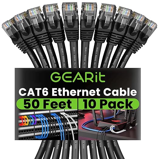 GEARit Cat 6 Ethernet Cable Pack - 10-Pack 50 ft Cat6 Ethernet Patch Cables | RJ45 Network Patch Cable, 10 Gbps Snagless Gold-Plated Connectors - Ethernet Cable Cat 6 for PC, TV, Router - Black