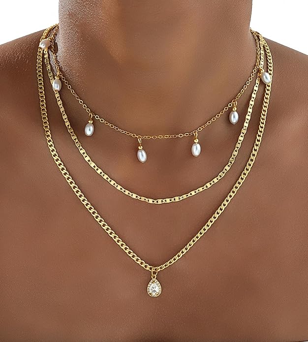 YEEZII Layered Gold Necklaces for Women Trendy, 3 Pcs 14K Gold Plated Choker Paperclip Box Chain Necklace, Stackable Women's Gold Pendant Necklaces Jewelry Set