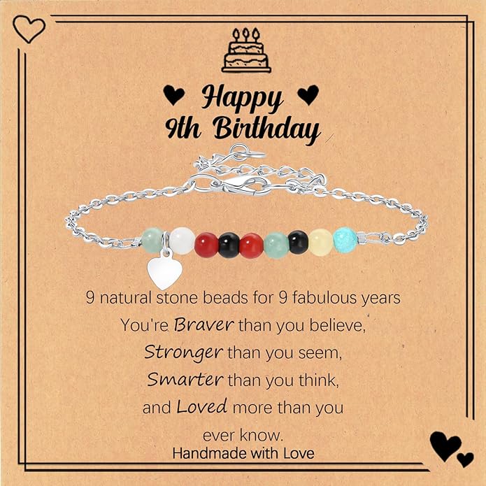 Birthday Gift for 9-16 Year Old, Small Natural Stone Beaded Bracelet Adjustable Heart Charm Bracelet for Daughter Granddaughter Sister Niece Friend on Birthday Graduation with Message Card Gift Box