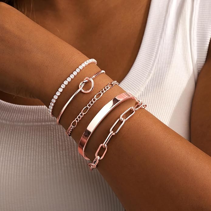 Gold Bracelets Set for Women Non Tarnish, 14K Gold Plated Sterling Silver Chunky Cuff Bracelet Stackable Gold Bangles Bracelet for Women Trendy Fashion Accessories Tie Knot Cuban Rope Paperclip Beaded Bracelet Stack Jewelry Valentines Day Gifts