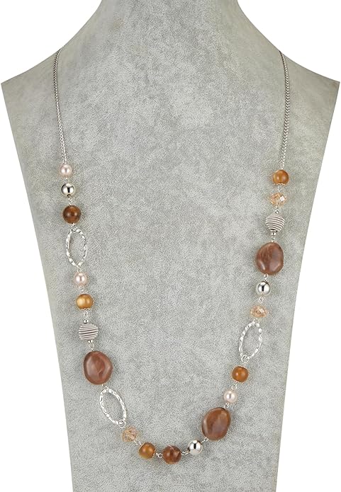 BULINLIN Beaded Long Necklace for Women Silver Sweater Chain Necklace with Crystal Resin Beads, Fashion Jewelry Necklace