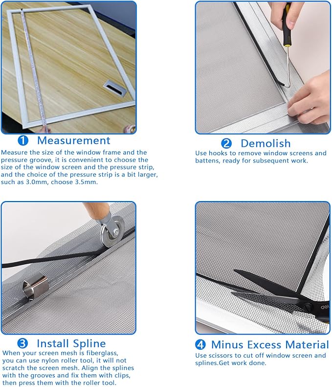 BAYTORY Window Screen Repair Kit, Steel Roller Tool with Bearing, Spline Removal Hook and 32ft Retainer Spline Replacement for Installing Door Mesh Screens