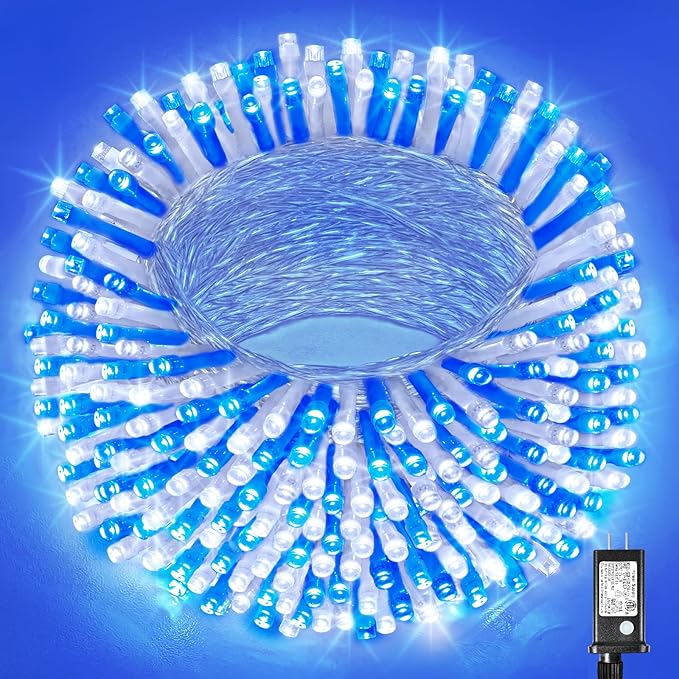 Vivideal 300 LED Christmas Lights Outdoor, 100ft Christmas String Lights 8 Modes Plug in Waterproof Fairy Lights with Timer Memory for Indoor Outside Bedroom Home Party Decoration, Blue&White