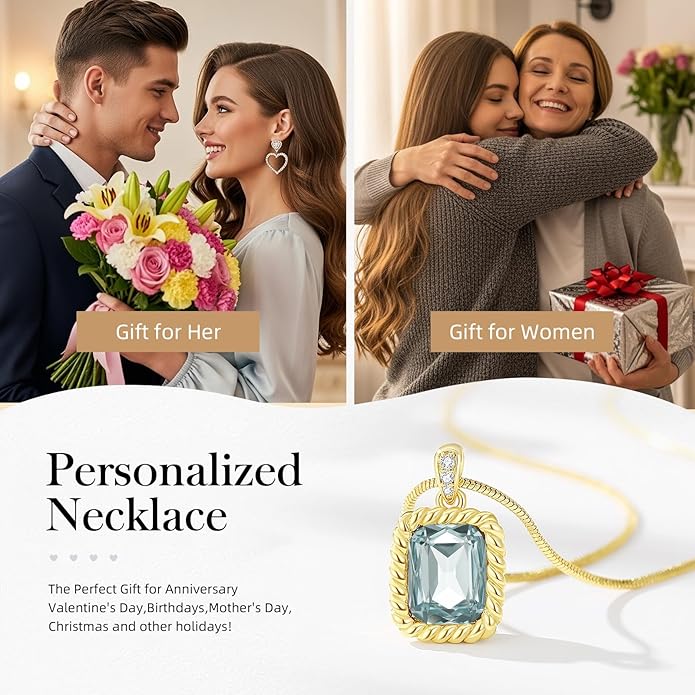 Valentine's Day Gifts for Her-18K Gold Plated Dainty Square Crystal Birthstone Necklace,Gold Jewelry for Women,Anniversary Birthday Gifts for Women Her Wife Girlfriend Mom Womens Necklace Jewelry