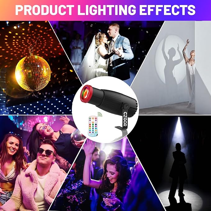 Pinspot Light, Czgor 18W RGBW 4 in 1 LED Disco Ball Lights 16 Colors with Remote Control, Manual Focus Mirror Ball Spotlight, Super Bright Stage Lighting for DJ Party Club Bar Wedding (Red)