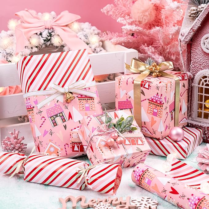 WRAPAHOLIC Reversible Christmas Wrapping Paper - Mini Roll - 17 Inch x 33 Feet - House with Christmas Tree and Candy Cane Wrapping Paper for Holiday, Party Celebration