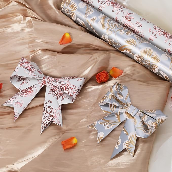 LaRibbons Reversible Floral Wrapping Paper Roll, 17Inch x 33 Feet (46.7 Sq. Ft) – Double-Sided Gold Peony Design for Wedding, Mother’s Day, Bridal Shower & Birthday