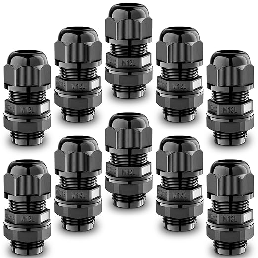 QILIPSU 10pcs M12L Long Thread Cable Gland Waterproof IP68 Nylon Strain Relief Cord Grip Cable Pass Through Wire Connector