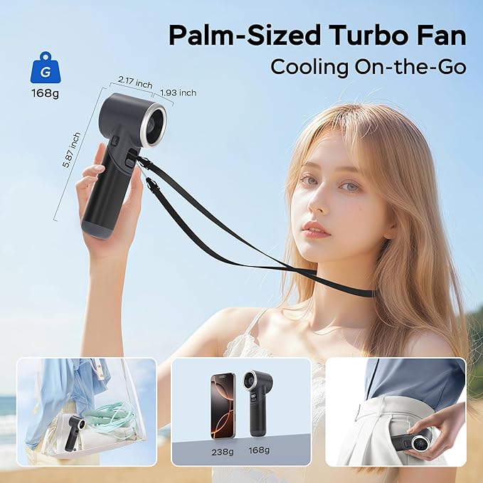 Portable Handheld Turbo Fan, 5000mAh Rechargeable Battery, Max 20Hrs Cooling, 5 Speeds Upto 11000RPM, Rotatable Design,4-IN-1 Personal Pocket Fan with Lanyard for Women Men Travel Beach Makeup Concert