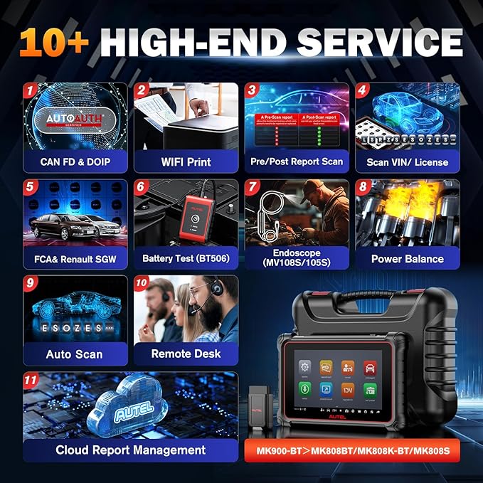 Autel Scanner MaxiCOM MK900BT, 2025 MK900-BT V2.0 Bidirectional Diagnostic Tool, 8in Up of MK900 MX900 MK808S MK808BT MX808S MK808Z, 3000+ Active Tests, 40+ Service, CAN-FD&DOIP, All System, FCA 11 OS