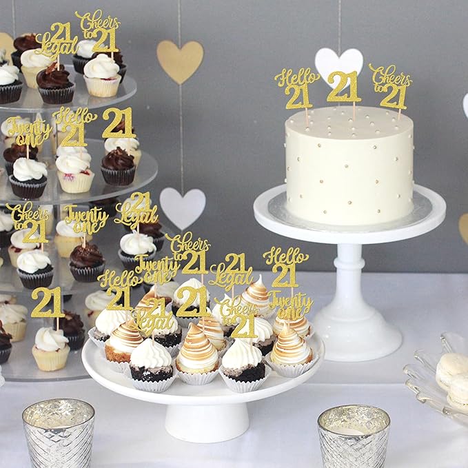 30PCS Happy 21st Birthday Cupcake Toppers Glitter Twenty One Legal 21 Hello 21 Cupcake Picks Cheers to 21 Birthday Decorations for 21st Birthday Anniversary Party Cake Decoration Supplies Gold