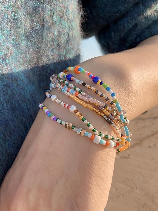 Handmade Bohemian Beaded Necklace for Women - Adjustable Layered Choker with Freshwater Pearls, Multicolor Glass Beads & 14K Gold Plated Stainless Steel, Summer Vacation Jewelry Gift